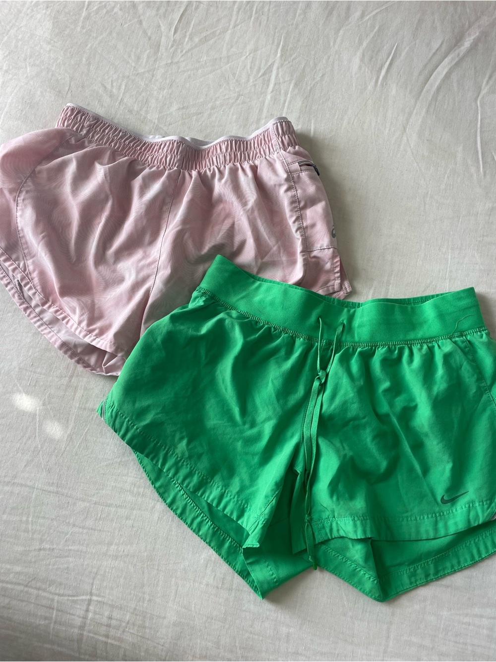Nike Green Athletic Shorts and Pink Asics Duo